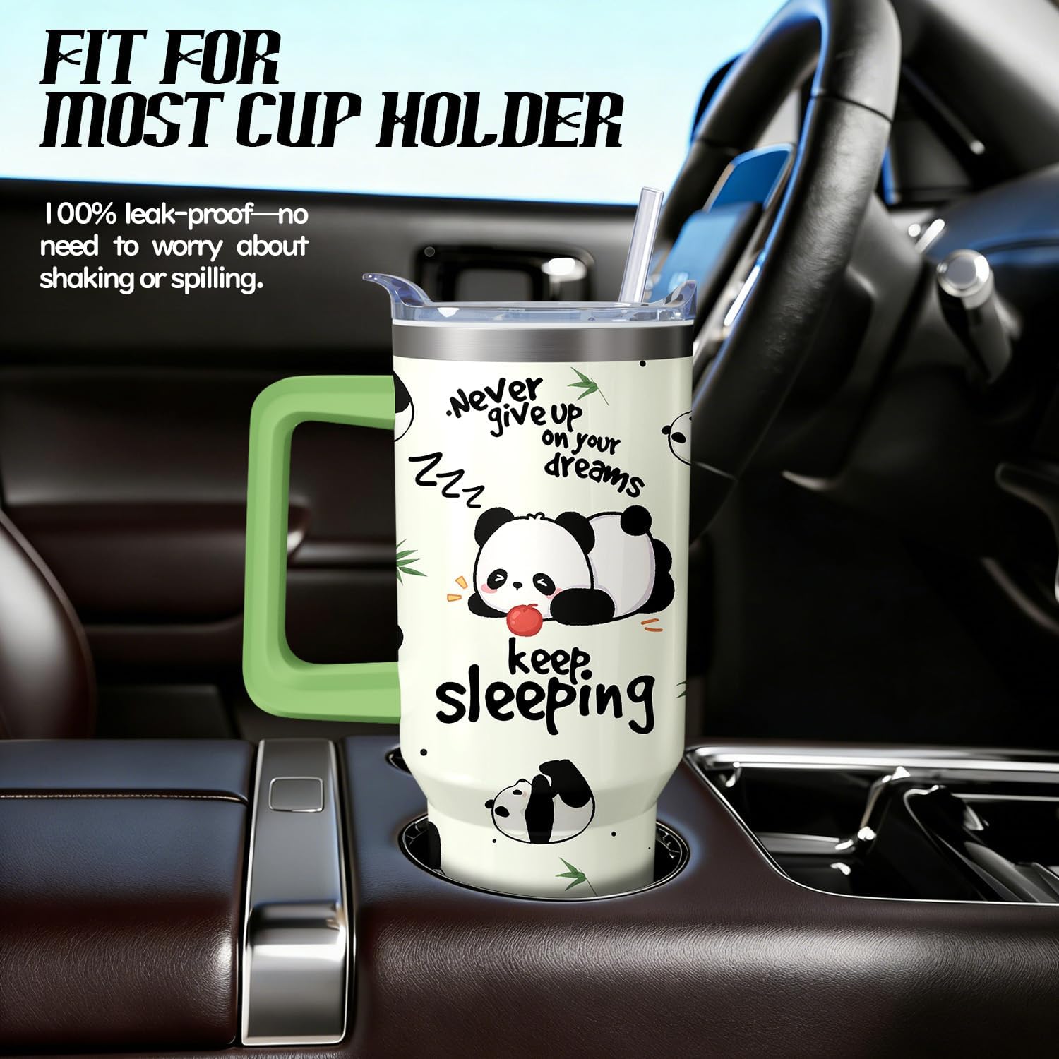 Panda Tumbler with Handle and Straw, 40oz Travel Coffee Mug Water Bottle with Lid, Stainless Steel Insulated Cup, Birthday Gifts for Women Animal Lovers