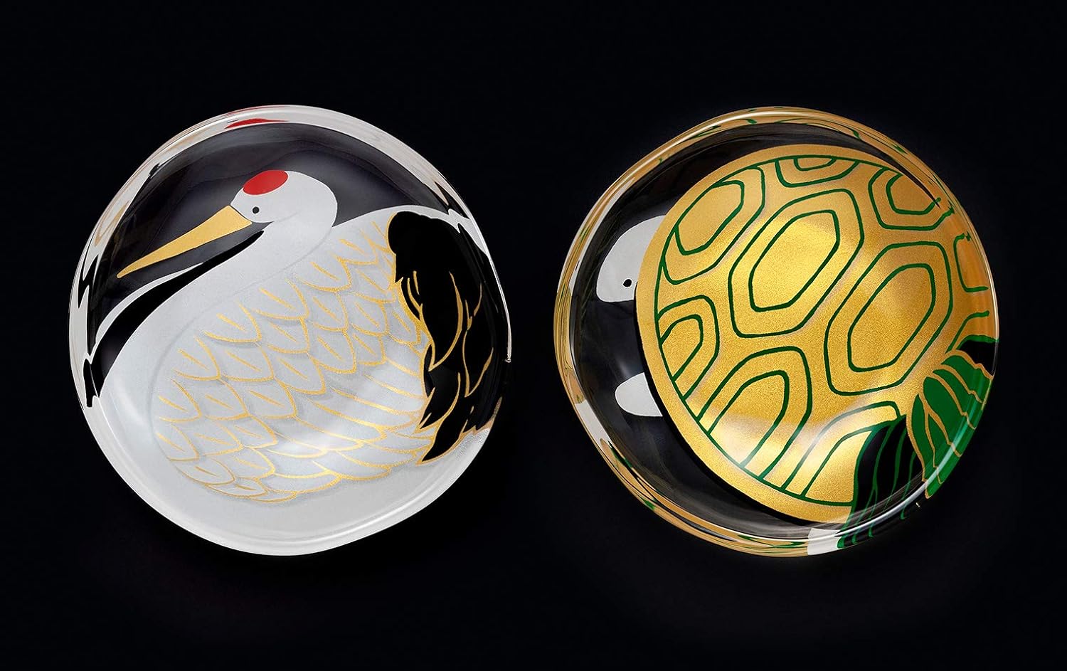 Aderia S-6308 Small Plates, Glass Plates, Medeta mono Lucky Pair Set, Crane/Turtle (Round Plate/Bean Plate/Diameter Approximately 3.5 inches (9 cm), Made in Japan, Gift Box, Birthday Gift