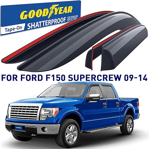 Miniatura 2 de Goodyear Deflectores de ventana inastillables para camiones Ford F150 2009 2010 2011 2012 2013 2014 SuperCrew, protectores de lluvia con cinta,