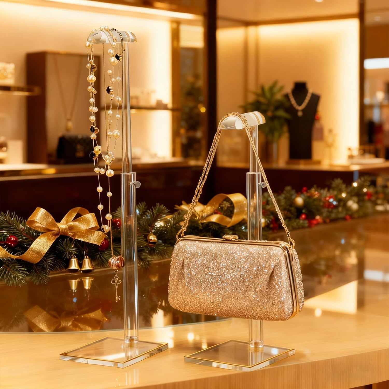 Adjustable Purse Display Stands and 6mm Thick Clear Acrylic Risers Display Stands