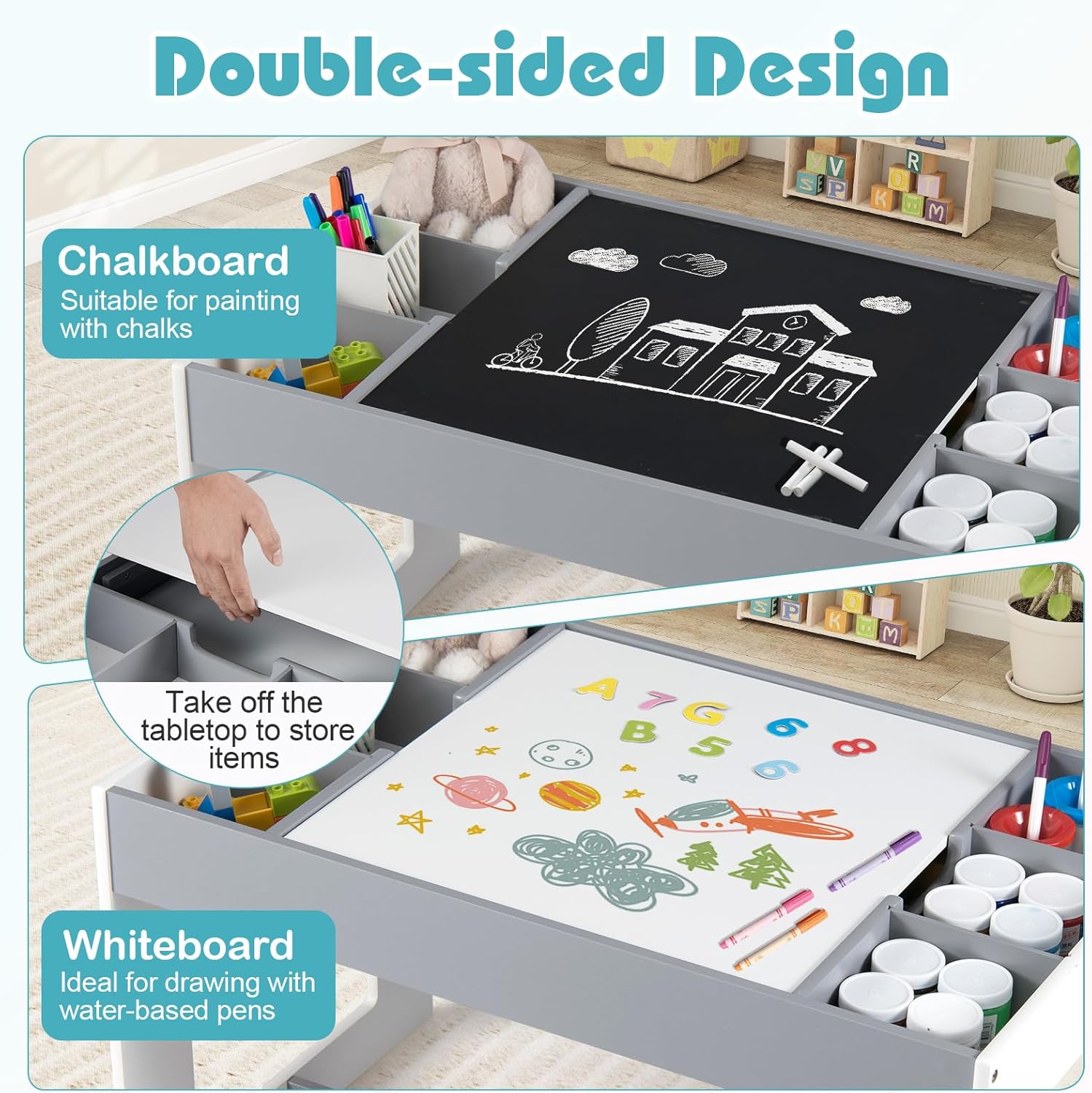 KOTEK Kids Table and Chairs, Wooden Toddler Table and Chair Set with Storage Cubes, Removable Double-Sided Tabletop for Crafts, Drawing, Reading, Toddler Activity Table for Nursery, Playroom (Grey)