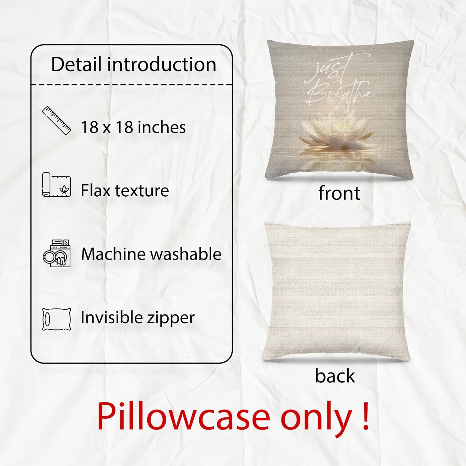 Lotus Flower Just Breathe Pillow Covers 18x18,Spa Zen Meditation Spiritual Room Decor,Lotus Flower Zen Spiritual Pillow Case Covers for Bedroom Couch Room Home - Image 5