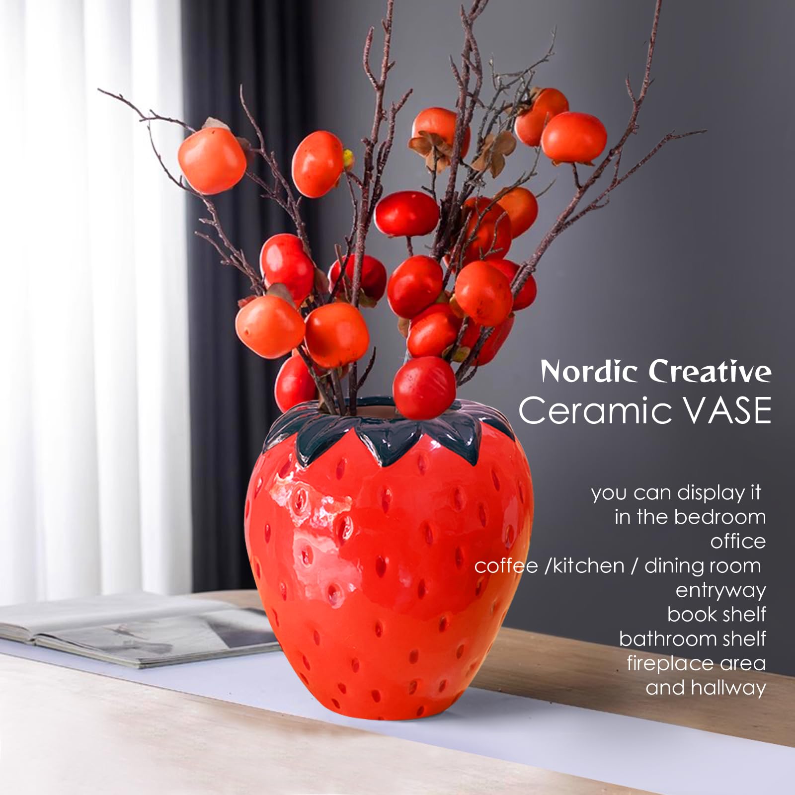 Cute Strawberry Flower Vase, Ceramic Strawberry Shaped Vase Fun Fruit Decor for Home Kitchen Bathroom, Pink - Image 3