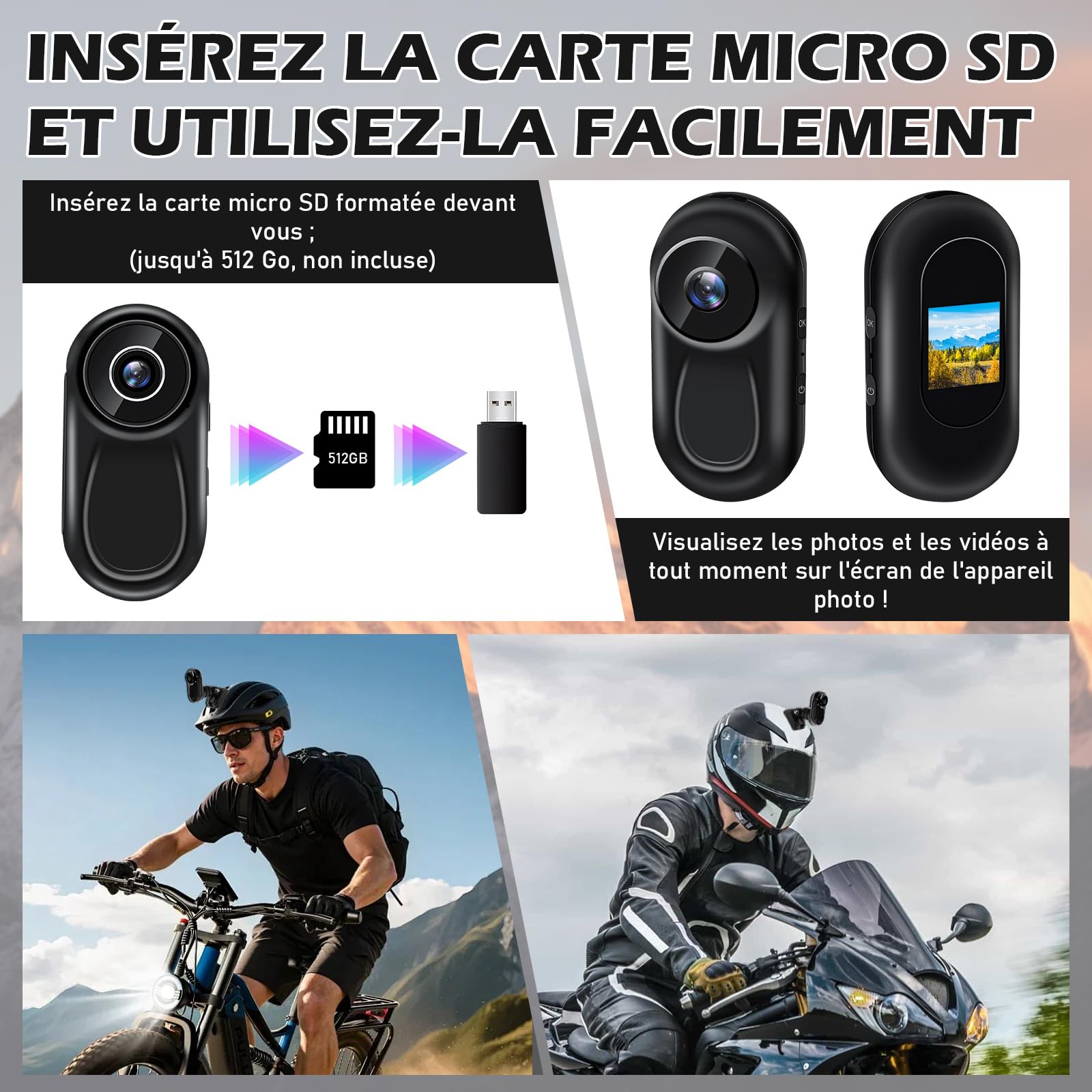 Caméra pour Moto, Mini Caméra d'action, Caméra Sportive POV à 120° | 28 g avec écran, fixation magnétique, autonomie de 2 heures, carte SD jusqu'à 256 Go, pour vélo, caméra de casque