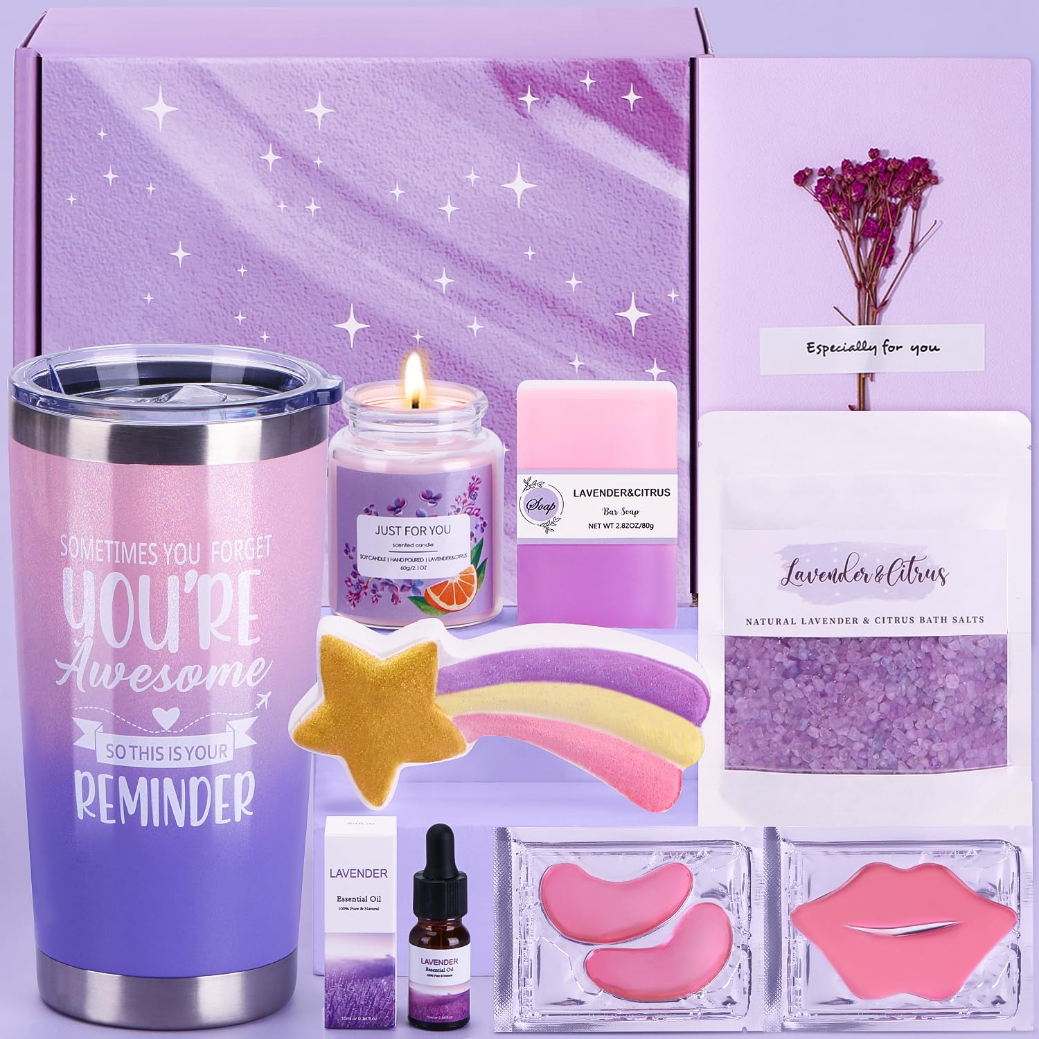 Birthday Pamper Gifts for Women, Lavender&Citrus Self Care package for Her Pamper Hampers Kit for Women, Relaxing Spa Bath Set Wellbeing Get Well Soon Gift Box for Women Best Friend Sister Bestie Mum