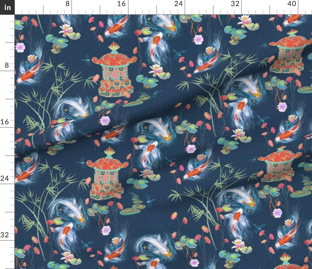 Spoonflower Fabric - Koi Fish Chinoiserie Japanese Pagoda Water Garden Floral Sashiko Printed on Petal Signature Cotton Fabric Fat Quarter - Sewing Quilting Apparel Crafts Decor