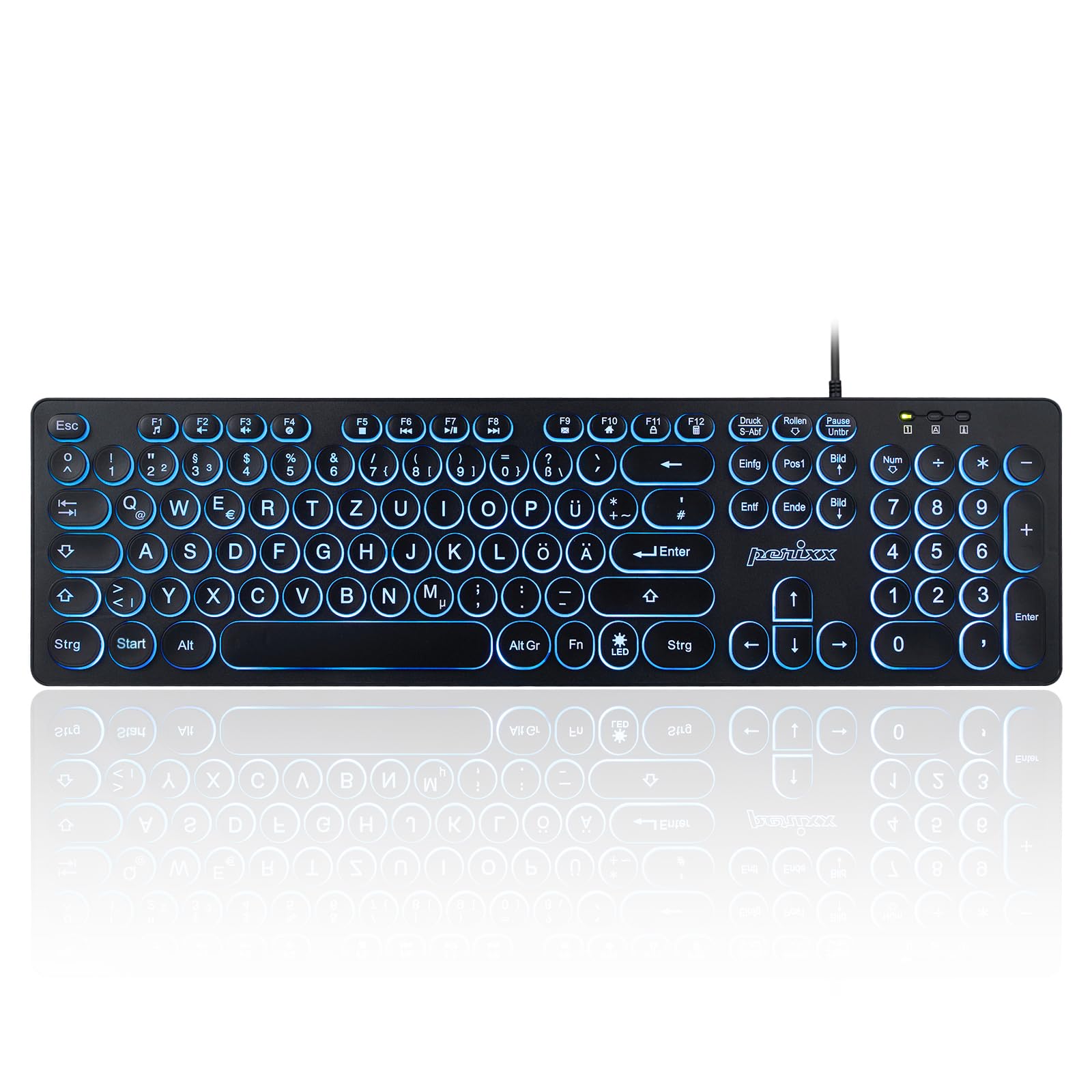 Perixx PERIBOARD-317R Kabelgebundene USB-Tastatur mit Hintergrundbeleuchtung – Großbuchstaben – dreifarbig beleuchtete LED – stilvolle runde Tastenkappen – DE QWERTZ-Layout