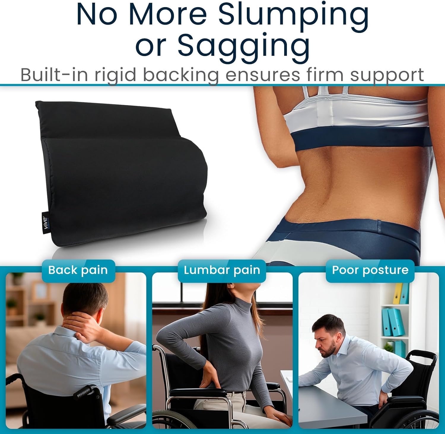 Vive Wheelchair Lumbar Support Cushion for Sling Back Wheel Chairs - Chair Pad for Back Pressure Relief - Memory Foam Backrest - Fits Most Wheelchairs & Transport Chairs - Improves Posture