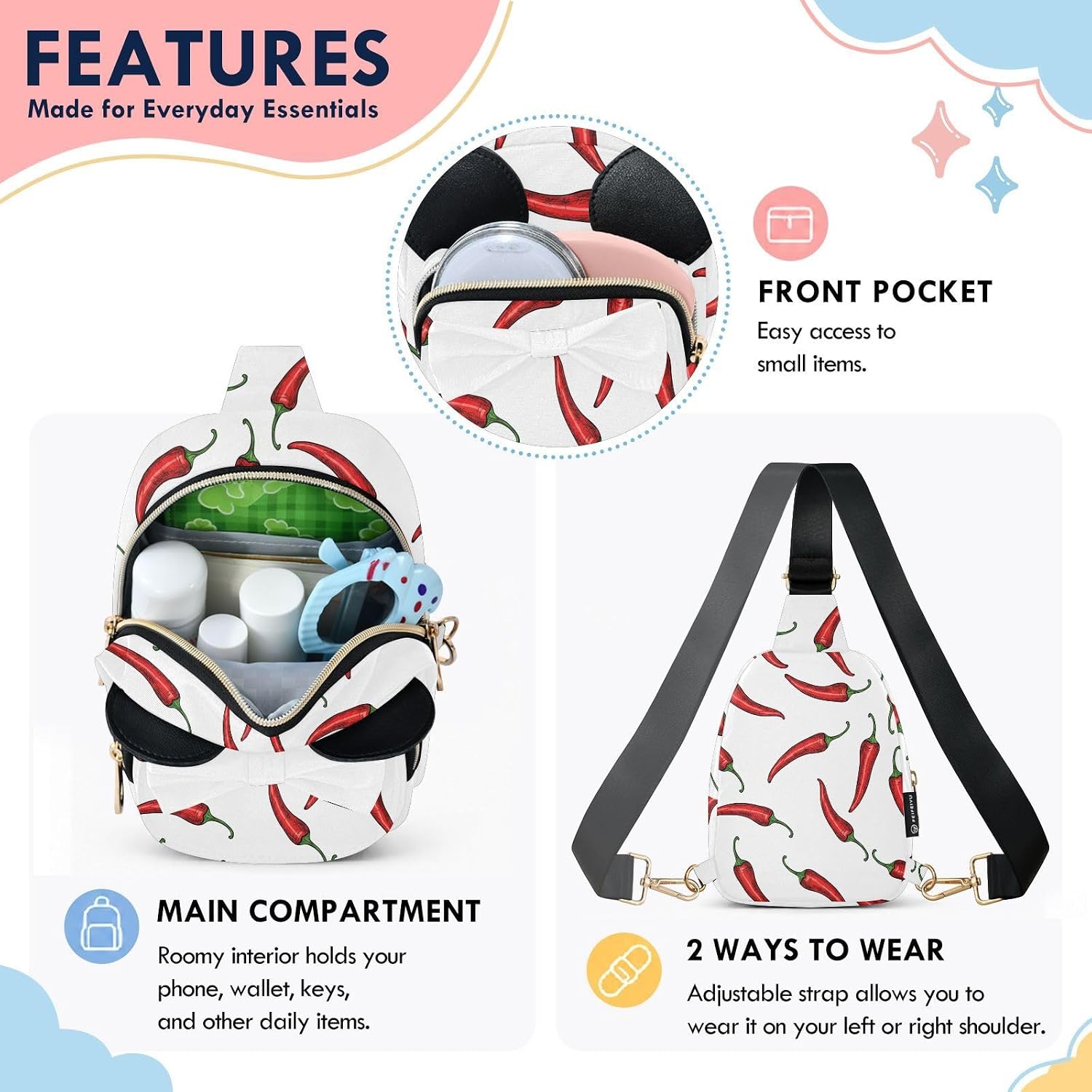Peppers Kids Sling Bag for Girls, 3.1x5.7x7.5In | Crossbody Fanny Pack, Toddler Purse, Cute Sling Belt Bag with Ears, 2L Small Shoulder Chest Bag for Travel