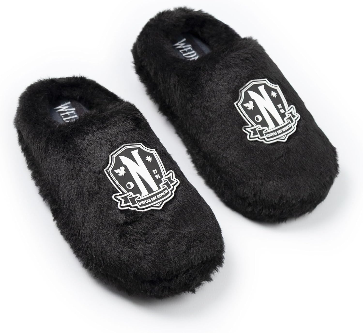 Wednesday Girls Black Logo Mule Slippers | Fluffy Indoor Slippers for Home | Television Show Merchandise