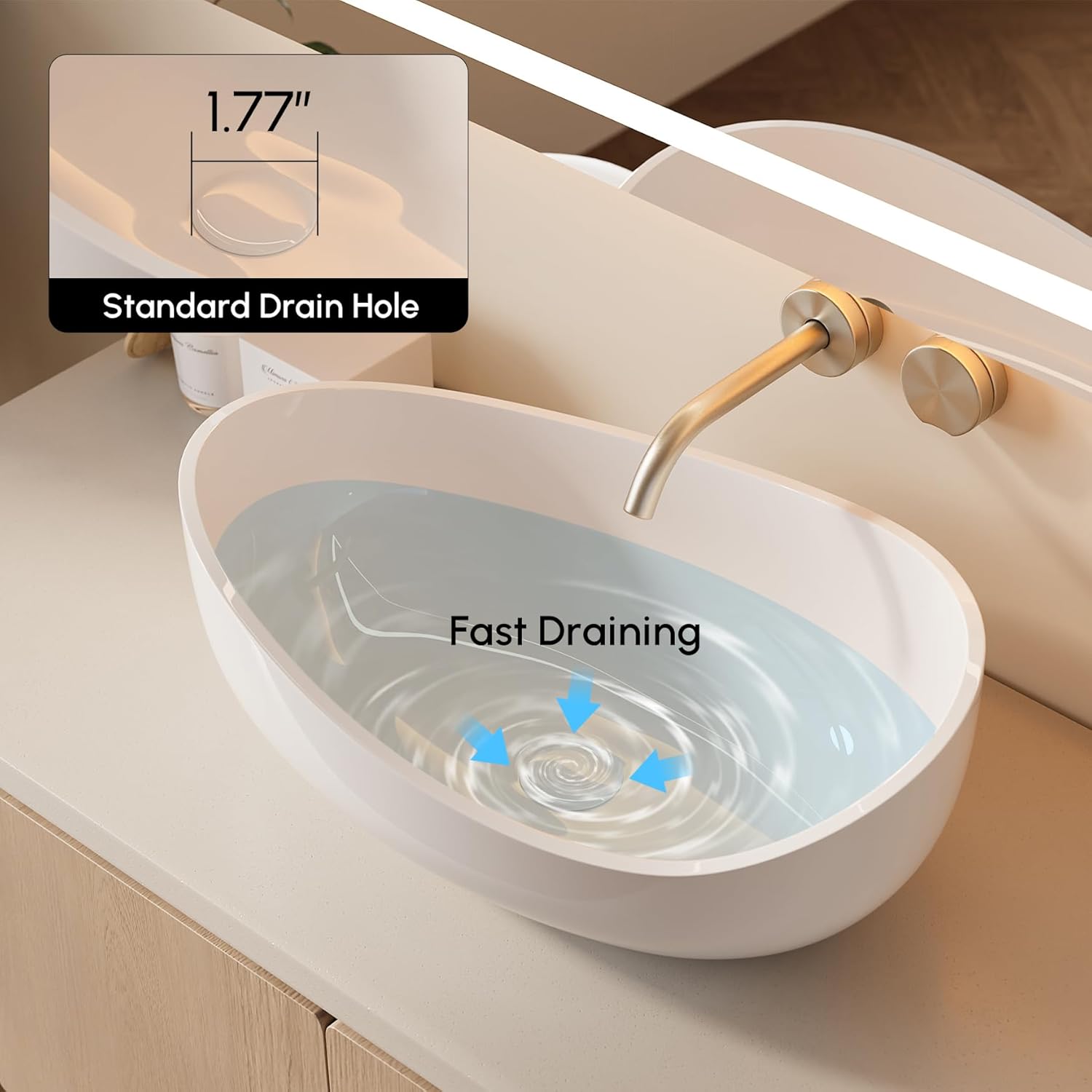 Oval Vessel Sink, Stone Resin Bathroom Sink in Glossy White with Pop-Up Drain, Modern Countertop Sink 22.44"