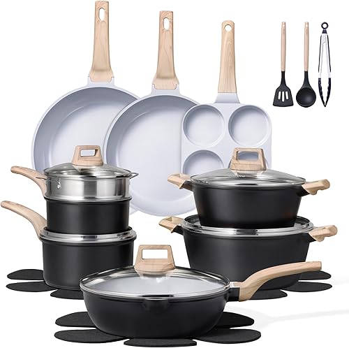 Vista 15 de CAROTE - Juego de 21 piezas de ollas y sartenes antiadherentes, juego de utensilios de cocina de inducción de granito negro, con sartenes