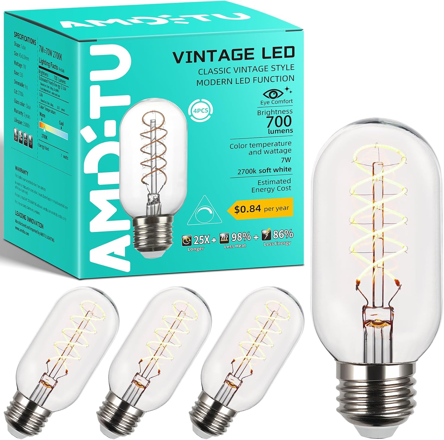 AMDTU Light Bulbs 75 Watt Equivalent, Ultra Filament Spiral LED Edison Bulb 7W, 700 Lumens E26 Base Edison LED Bulbs Dimmable, Soft White 2700K T45 Clear Glass Bulbs, 4 Pack