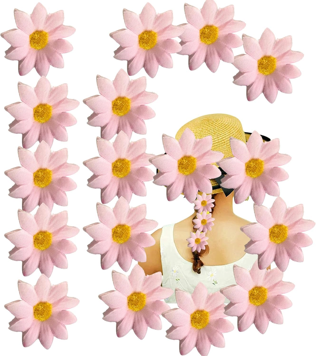 HOVUK 16Pcs Artificial Pink Daisy Flowers – 4.7cm Fabric Flowers for Easter Bonnet, DIY Crafts, Wedding Decor and Party Decorations, Daisy Flower Heads Craft Gadget
