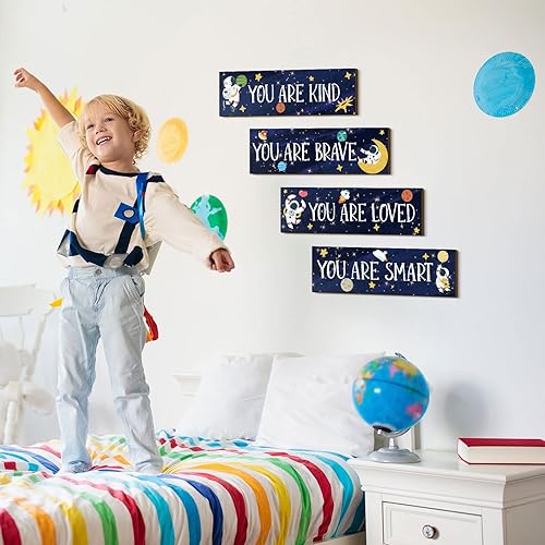 Miniatura 2 de 4 piezas de decoración espacial, pósteres espaciales para habitación de niños, decoración de pared, letrero de madera de hombre espacial, arte de