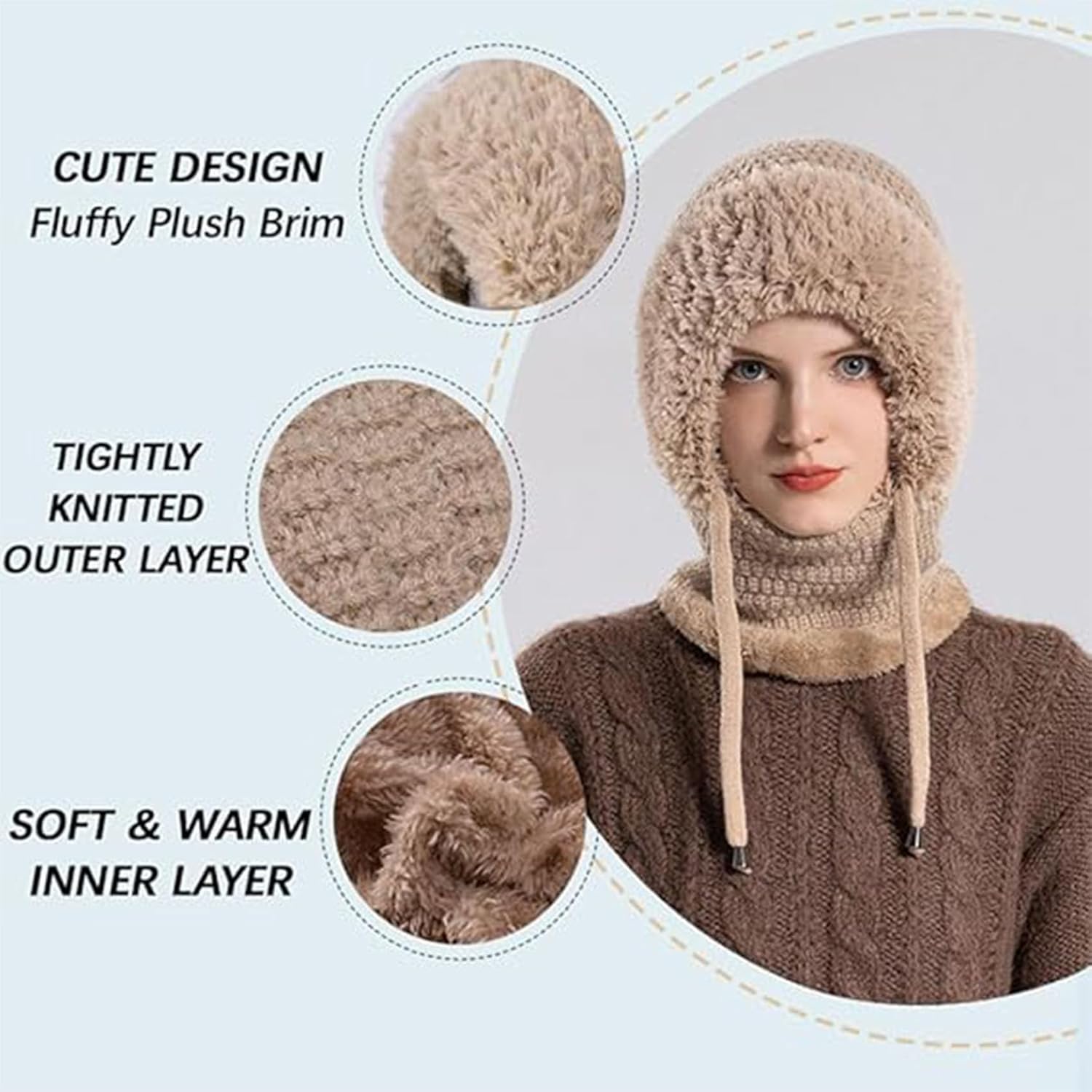 3 in 1 Beanie Hat for Women with Scarf and Mask, Fleece-Lined Knitted Winter Hat for Daily Wear, Travel, Cold Weather
