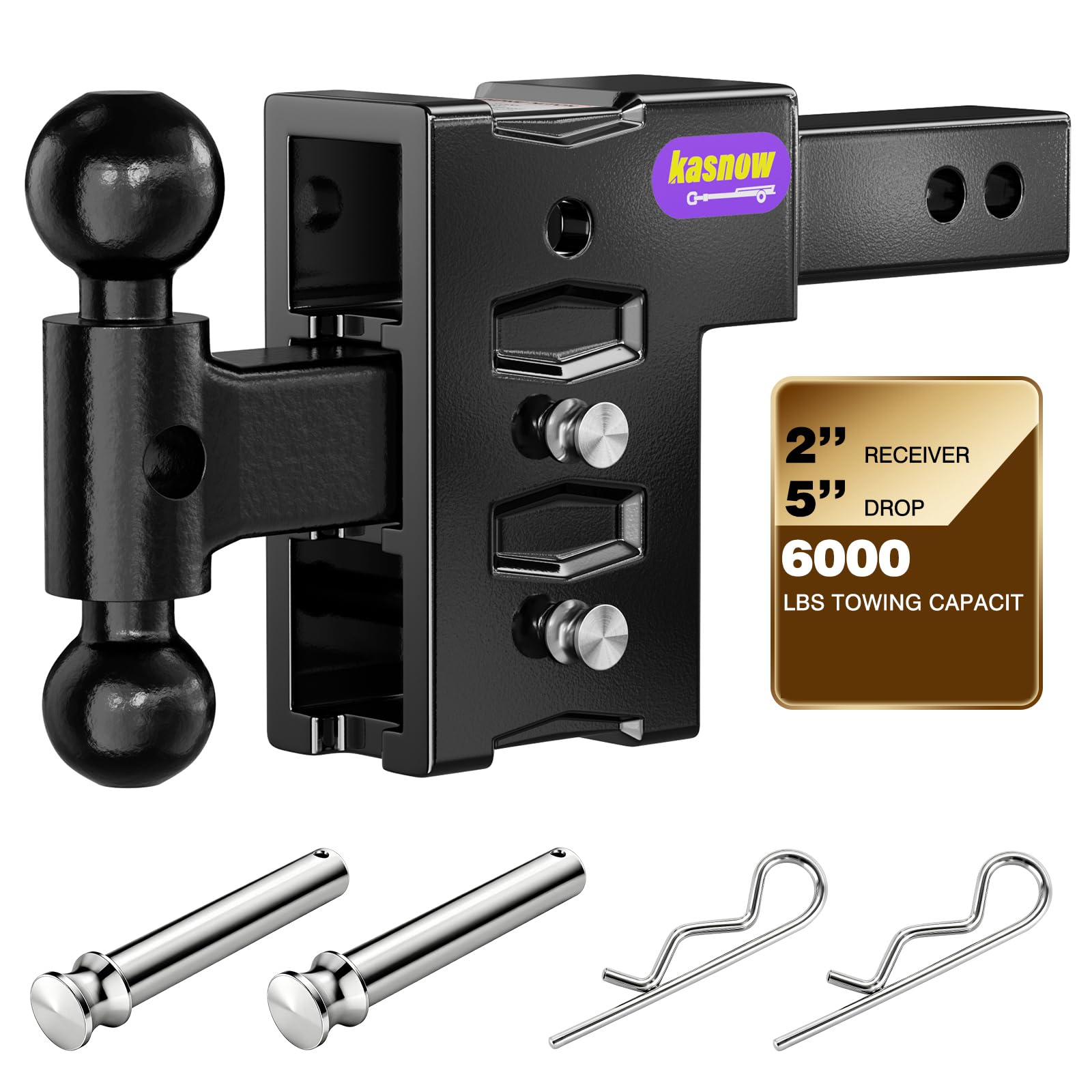 Adjustable Trailer Hitch for 2" Receiver 6000 LBS Towing Capacity, Tow Hitch with 5" Drop/Rise, Dual Ball Mount (2" &amp; 2-5/16") with Locking Hitch Pins, Drop Hitch for Trucks, RV, Towing