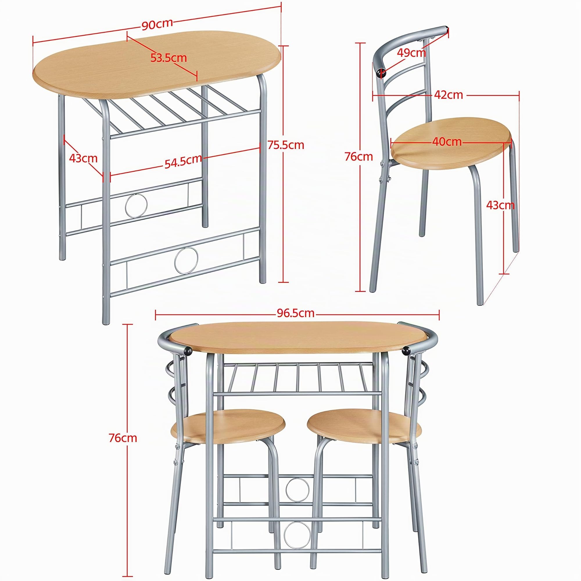 Yaheetech Juego de Comedor de 3 Piezas con Estante para Vinos, Mesa y 2 Sillas para Cocina, Muebles Ahorro de Espacio con Almacenaje, Medidas 90 x 53 cm, Estilo Moderno Color Madera