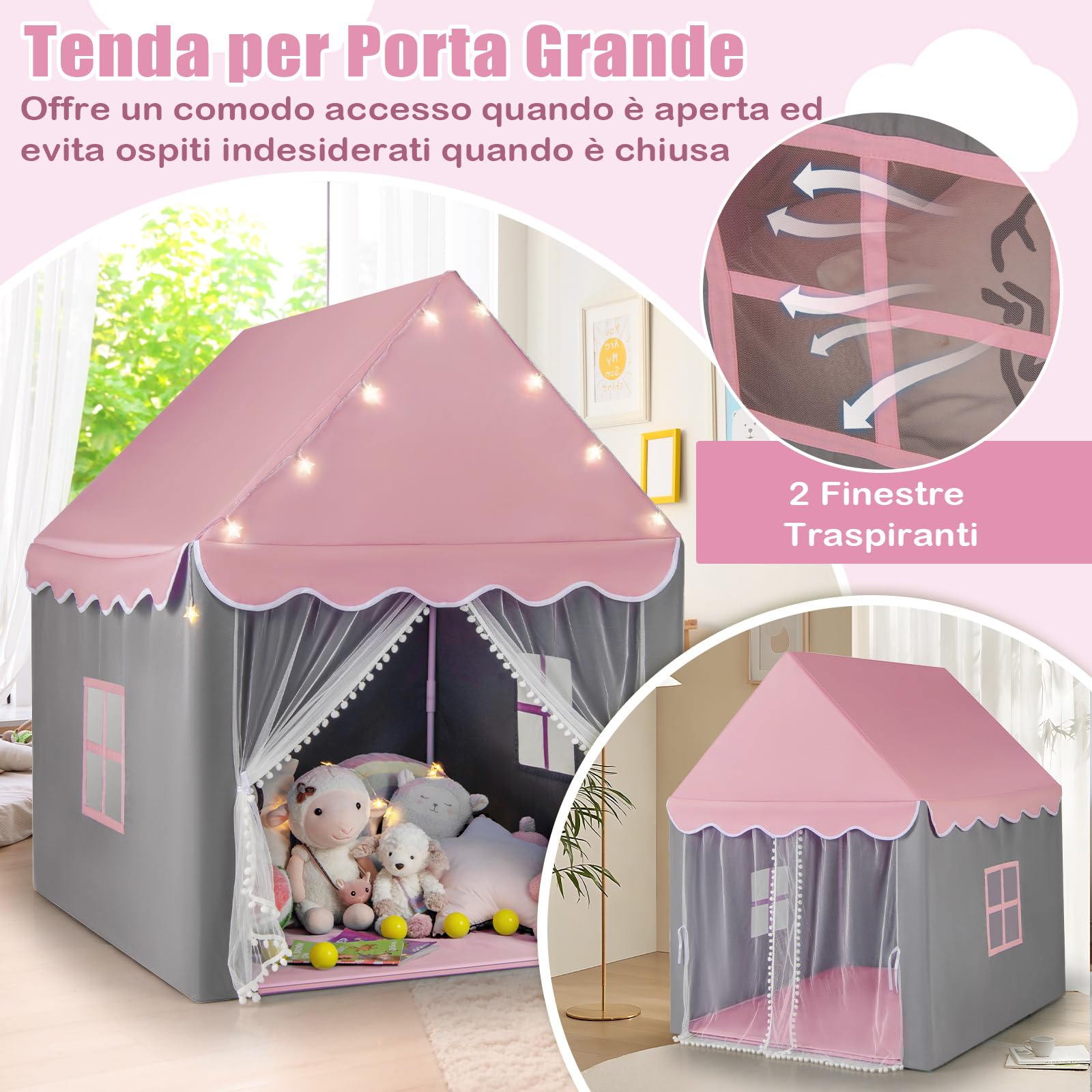 COSTWAY Tenda da Gioco per Bambini, Tenda Castello con Tappetino Lavabile, Luci a Forma di Stella, per Interno ed Esterno, 105 x 121 x 136 cm (Stile 2 Rosa)