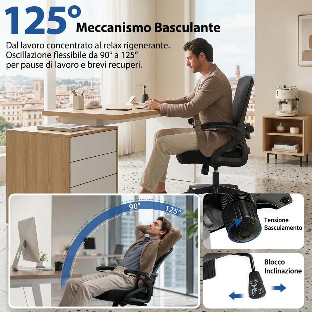 Sedia Ufficio Ergonomica, Sedia da Scrivania in Rete con Supporto Lombare 4D, Braccioli Ribaltabili 90°, Schienale Alto, Altezza Regolabile, Basculante 90°-125°, Portata 130 kg