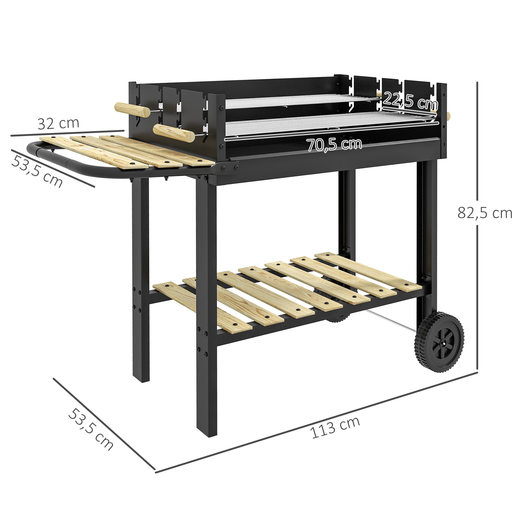 Outsunny Grill na węgiel drzewny z półką, uchwyt 113 x 53,5 x 82,5 cm, czarny | Grill ogrodowy, dwa ruszty do grillowania, grill kempingowy z metalu do grilla