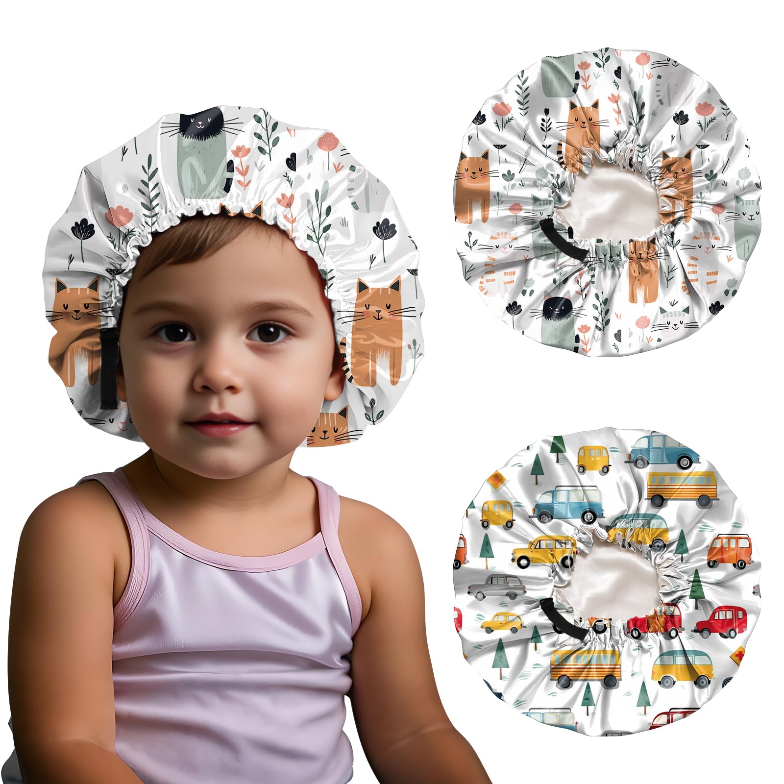 BHAHB 2 Stück Kinder Satinhaube Bonnets,Verstellbares mit Elastisch Doppelschichtiges Satin haarhaube,Niedlich Design für Junge und Mädchen