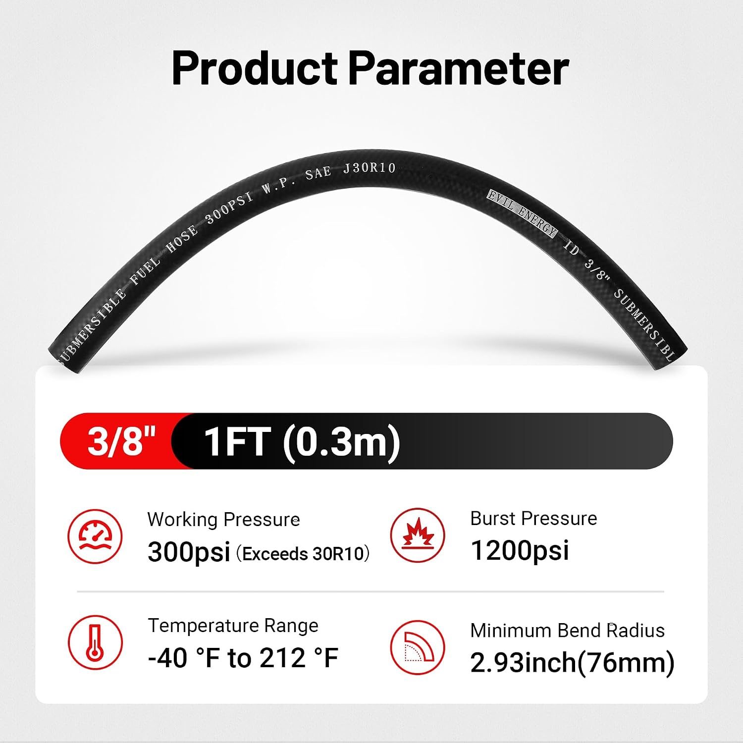 EVIL ENERGY 3/8" Submersible Fuel Hose E85 in Tank Line SAE 30R10 for Automotive Fuel Systems 1FT 300PSI