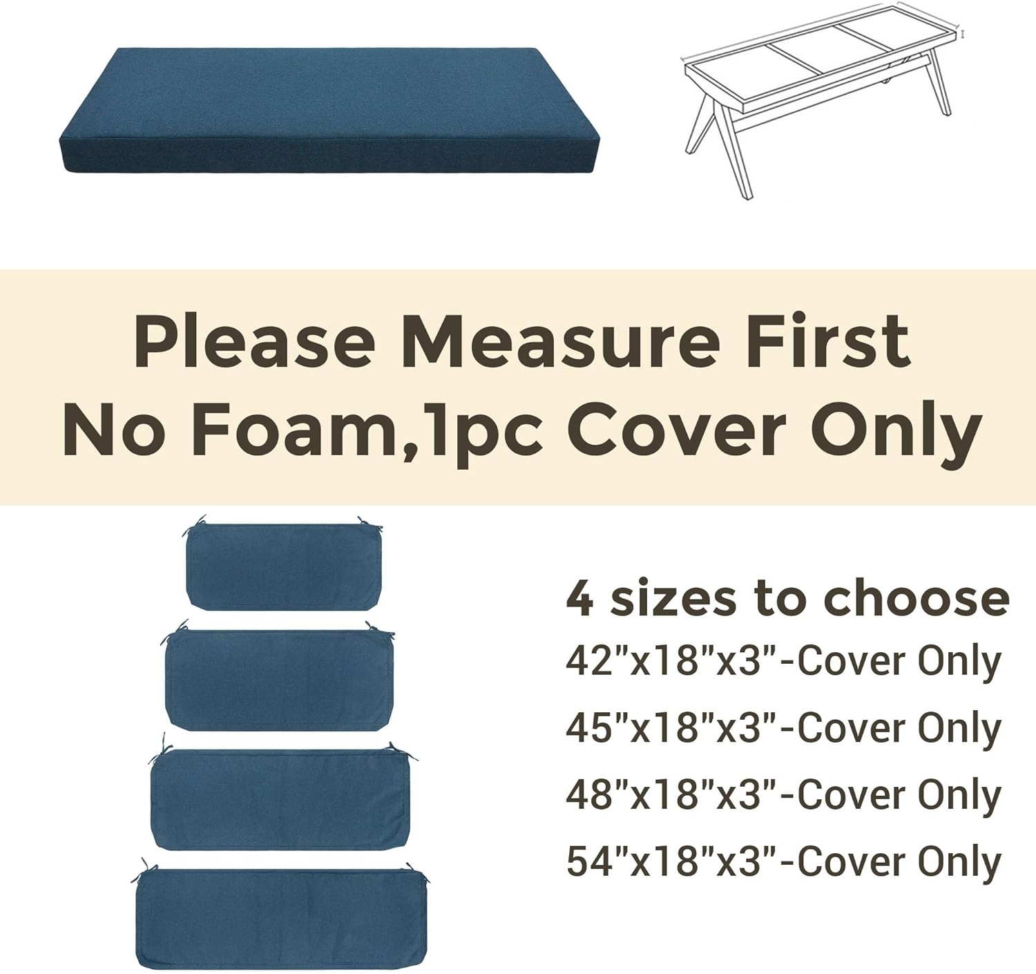 FUNHOME Outdoor Bench Cushion Cover 48 x18 x 3 inch,Slipcover Replacement for Patio Graden Furniture Seat Cushions,Water Resistant Porch Swing Cushion Cover Only,No Insert(Denim Blue)