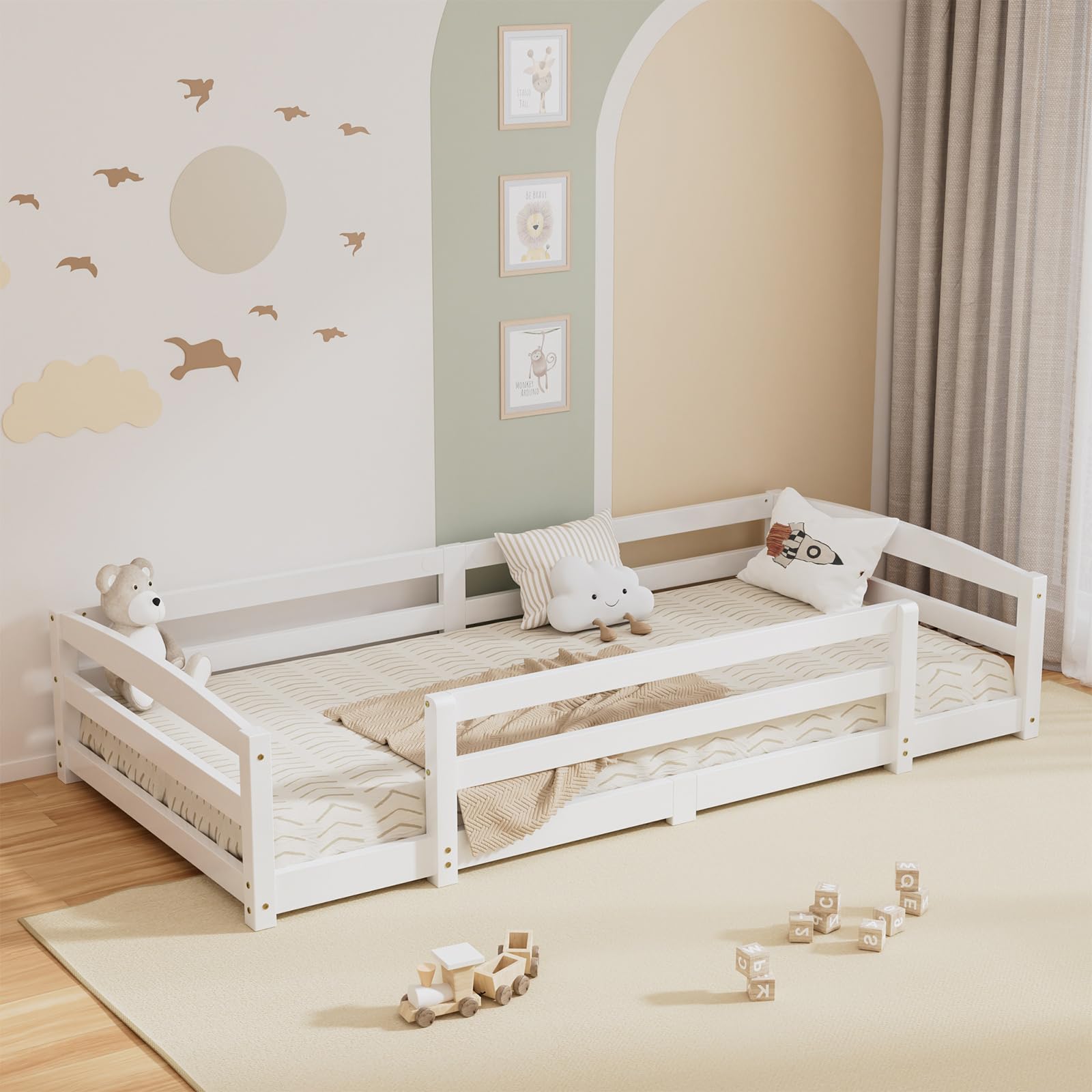 Bodenbett 90x200cm Montessori Kinderbett mit Rausfallschutz & Lattenrost Kiefer Massivholz bis 100 kg belastbar für Jungen Mädchen Kinder Bett
