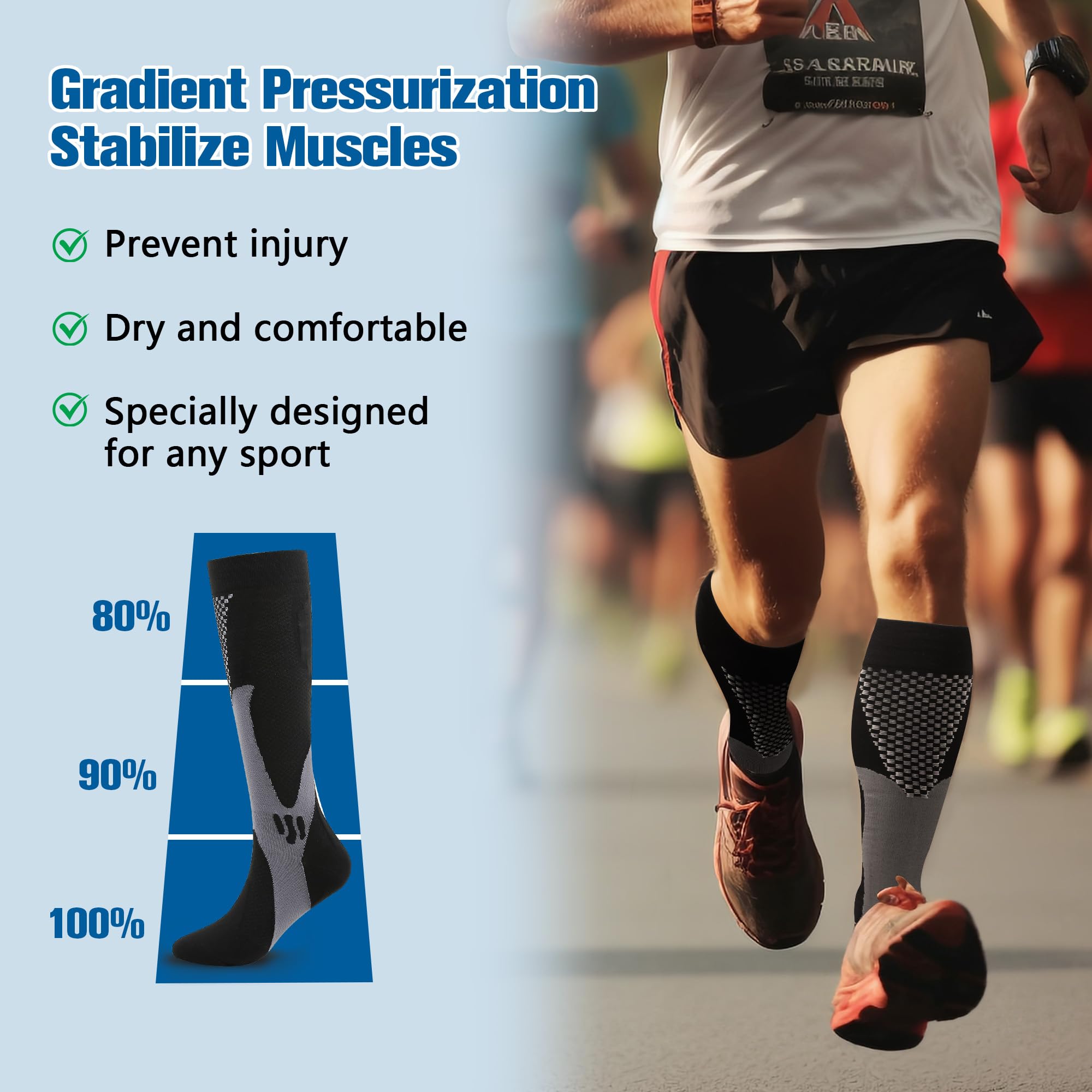 Kompressionsstrümpfe für Herren 2 Paar, Plantarfasziitis Compression Socken, Thrombosestrümpfe, Kompressionssocken Stützstrümpfe für Laufen Sport Flug Reise Radsport Fitness, Größe 38-45