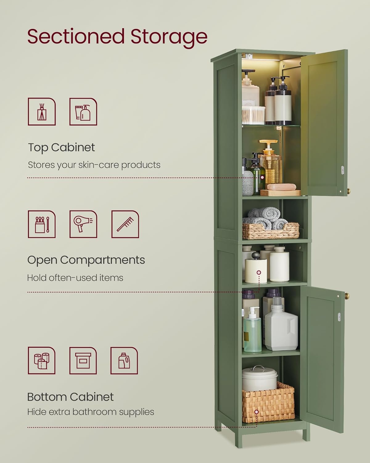 Sectioned storage areas of the cabinet