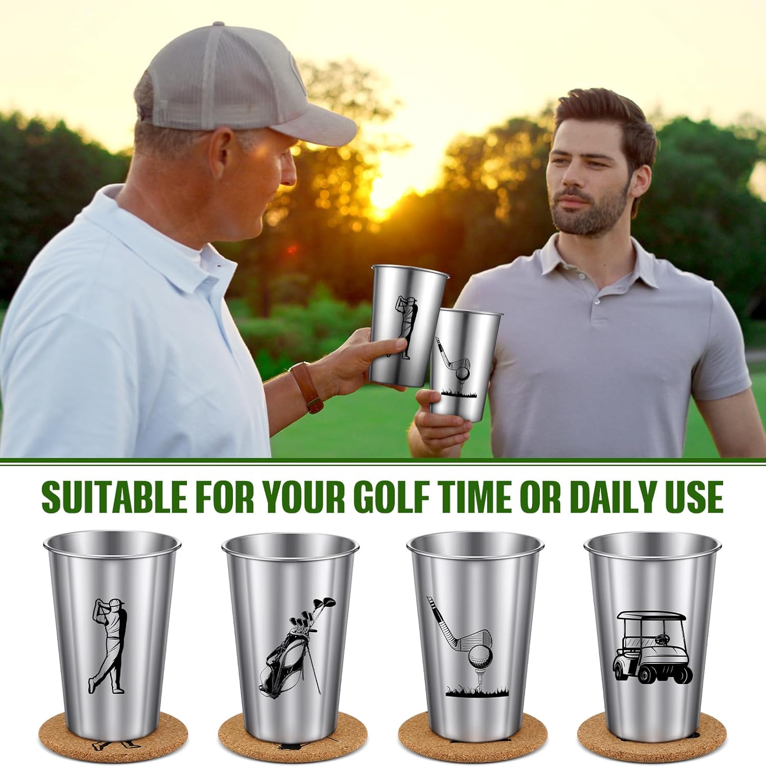 4 Pack Golf Tumblers - 16 oz Stainless Steel Cups Gift with Coasters - Golf Themed Metal Drinking Coffee Mugs Gift for Men, Dads, Grandpa for Father's Day Birthday Party - Image 6