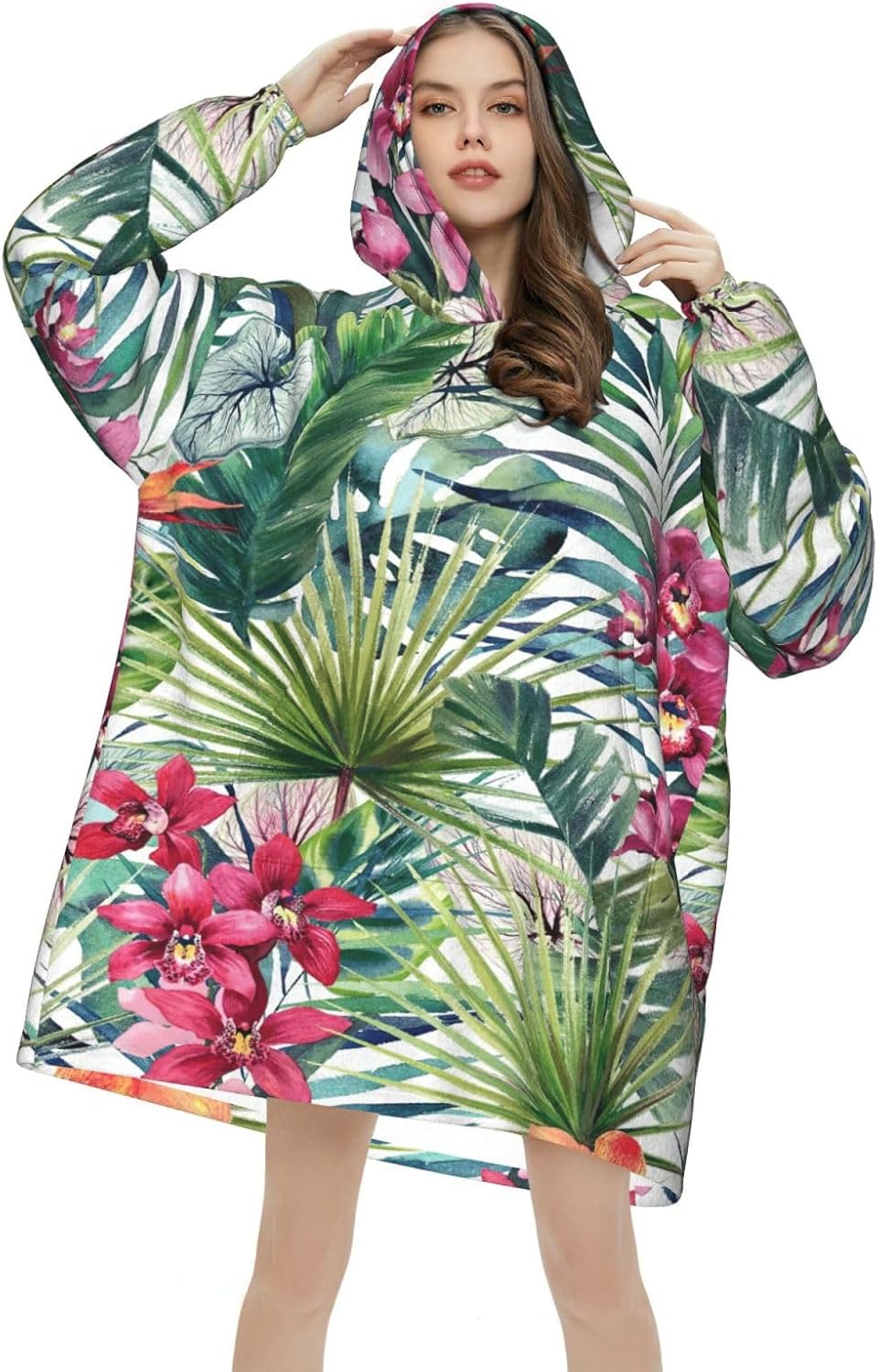 Tropical Plantsprint Oversized Hoodie Blanket, Super Soft Warm Comfortable Hoodie, Wearable Blanket Adult