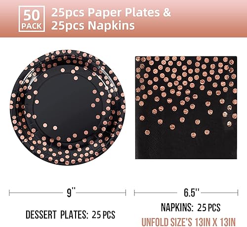 Miniatura 2 de Black and Rose Gold Paper Plates and Napkins-50 Pack-Paper Plates 25 x 9 & 25 x 6.5 Napkins,Disposable Paper Party Supplies for Birthday