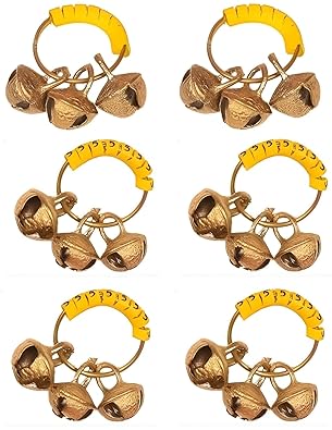 Unisex-Adult Yellow Rubber Kadi Brass Ghungroos for Bhajan Clapping Finger Ring Gifting Small Bells For Ganapati Pooja Aarti Pooja Celebration Clapping Anguthi (6 Piece)