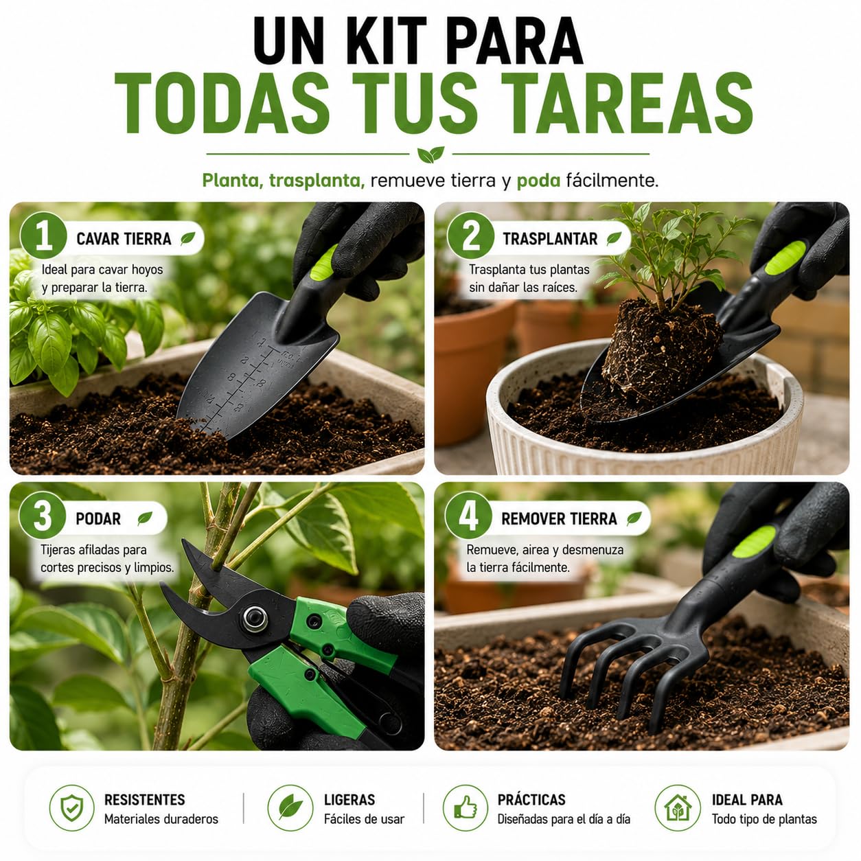 Kit 5 Herramientas de jardinería Resistente de Fibra de Vidrio Ideal para jardín, huerto Urbano o terraza | Kit jardineria Completo Que Incluye: Pala, Rastrillo, Azada, Tijeras de Podar y Guantes.