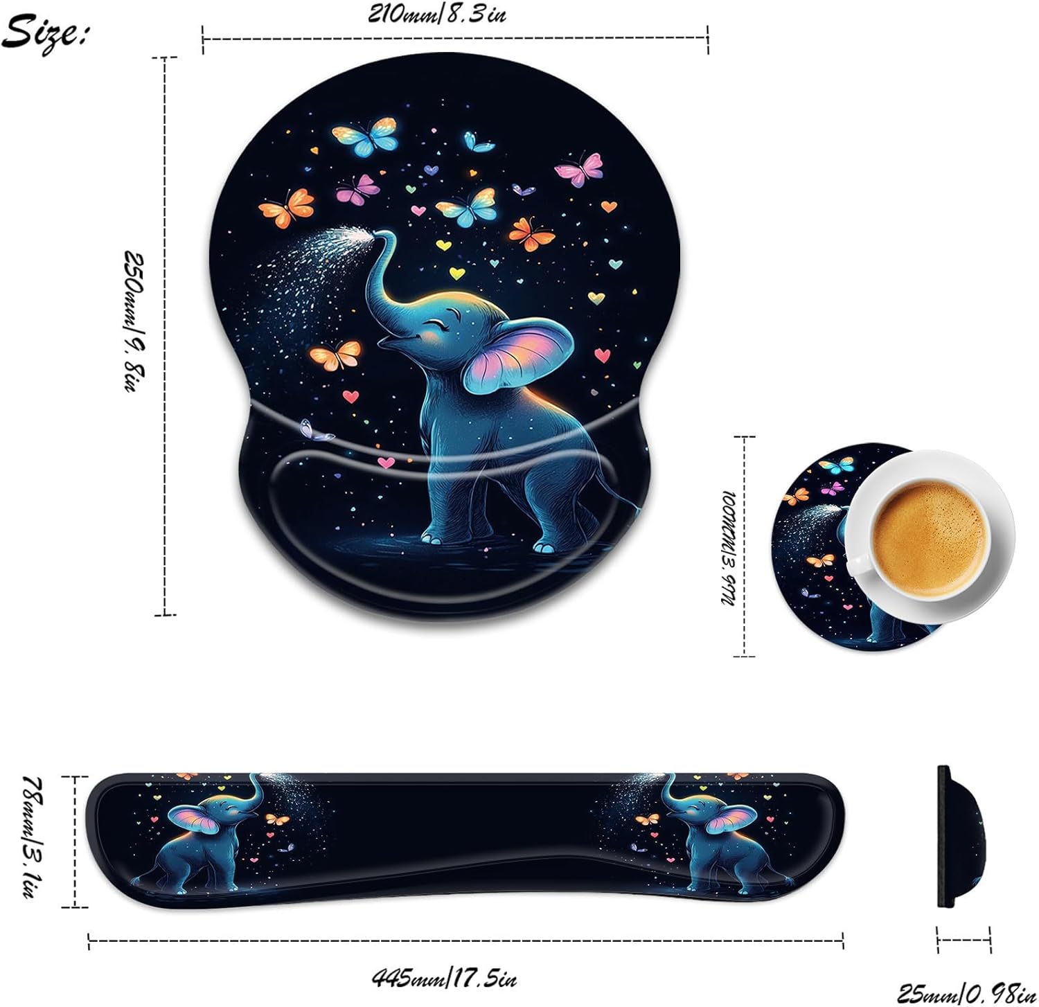 Bxgolkgd Ergonomic Gel Mouse Wrist Rest Pad and Keyboard Pad Set,Anti-Slip PU Bottom Easy Typing and Relieve Wrist Pain with Cute Coaster Set (3-Cute Elephant and Butterfly)