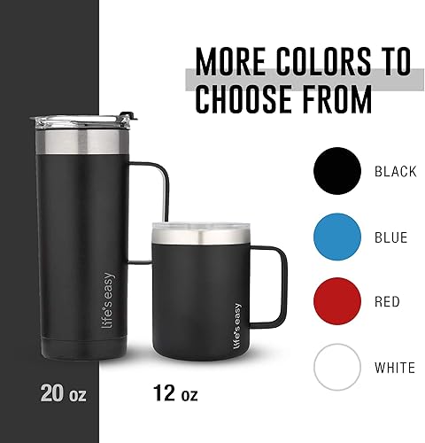 Miniatura 5 de Life's Easy Taza de acero inoxidable de 12 onzas con asa, vaso de viaje aislado de doble pared con tapa abatible, vaso a prueba de fugas, vaso Onyx