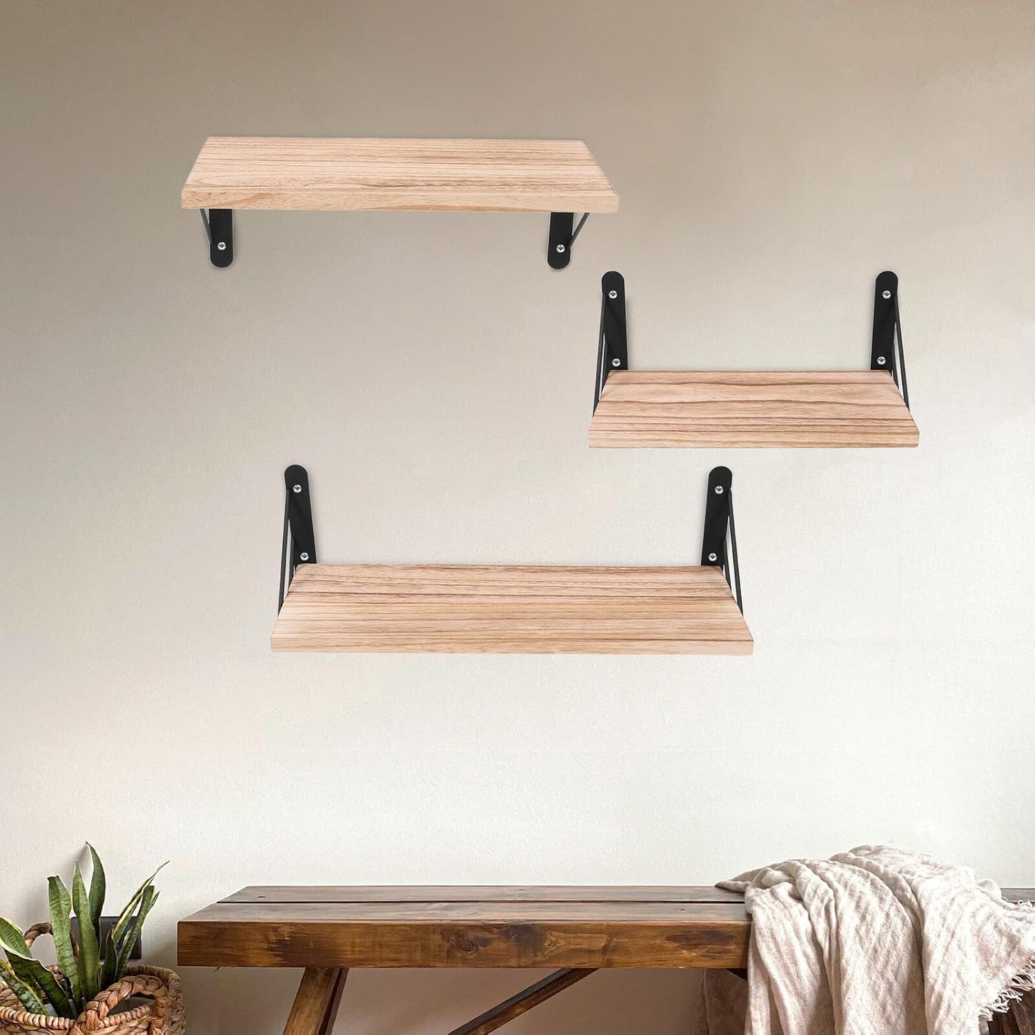 Homoyoyo Rustic Floating Wall Shelf Set 3 Pieces Light Torch Wood Storage Shelves for Living Room Bedroom Bathroom Mounted Decorative Storage
