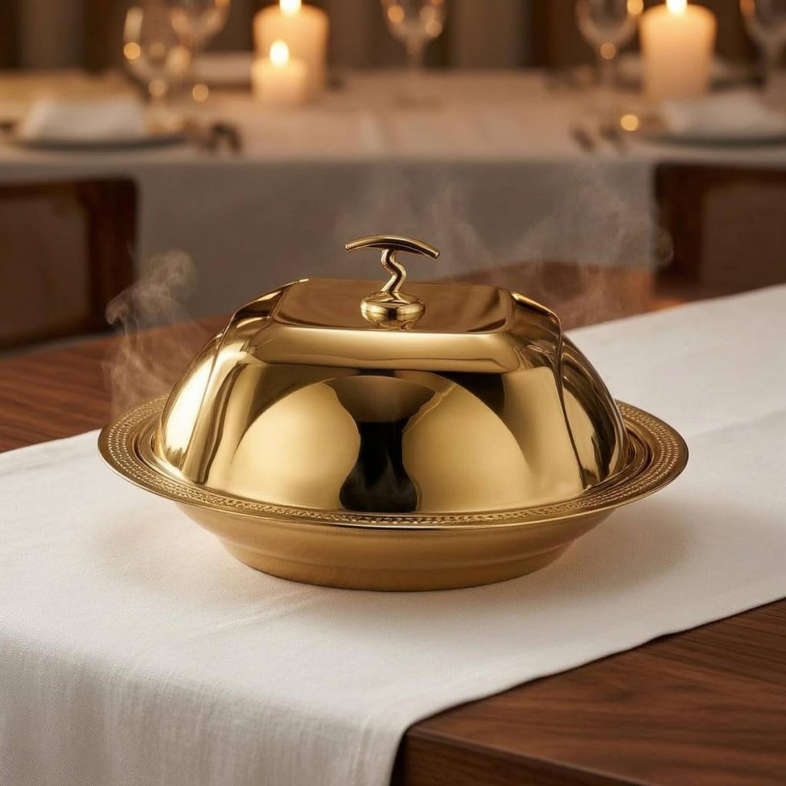 Coprivassoio da Portata Cupola per Servire Coperchio Vassoio Campana per Pietanze in Acciaio Inox Rifinito con Base Coordinata Adatto per Catering, Oro, 36cm