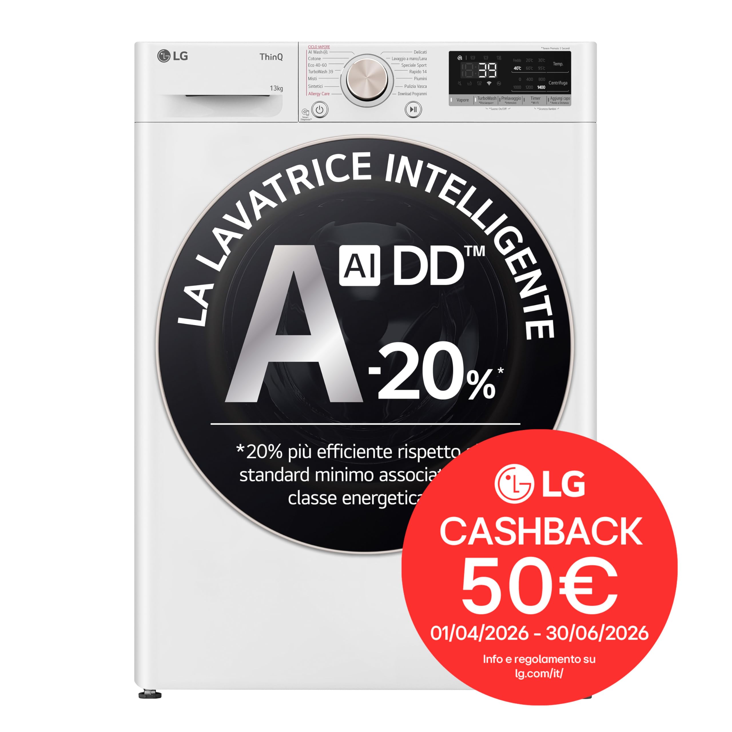LG AI DD F4R7013TSWG Lavatrice 13kg, a Carica Frontale, Serie R7, Lavatrice Classe A -20%, 1400 giri, TurboWash 360, Vapore su 7 Programmi, Wi-Fi, Inverter Direct Drive, Libera installazione, Bianco