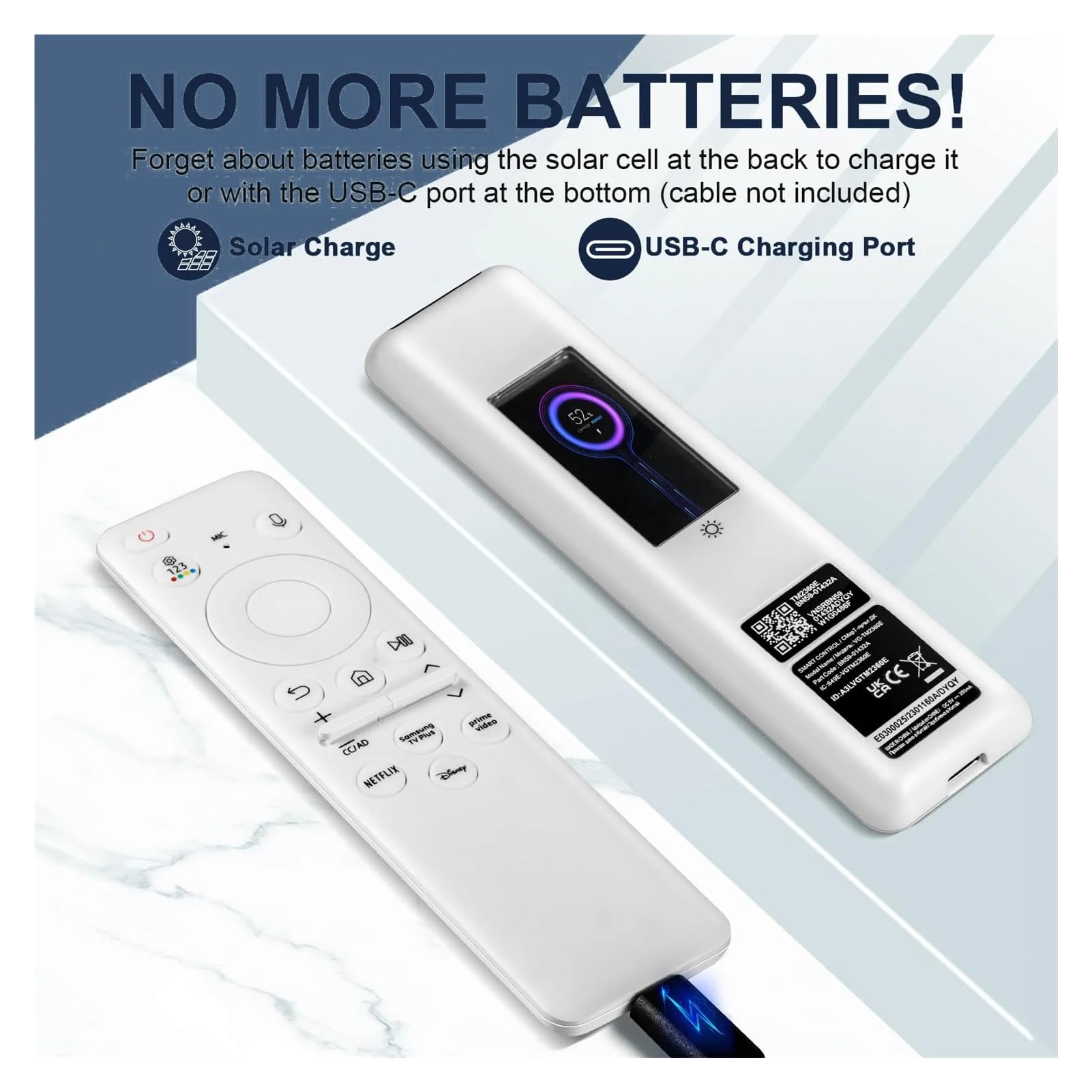 1 Mando a Distancia for TV | BN59-01455A Control remoto por voz solar for con celda recargable Bluetooth apta para(BN59-01455A-Solar-W)