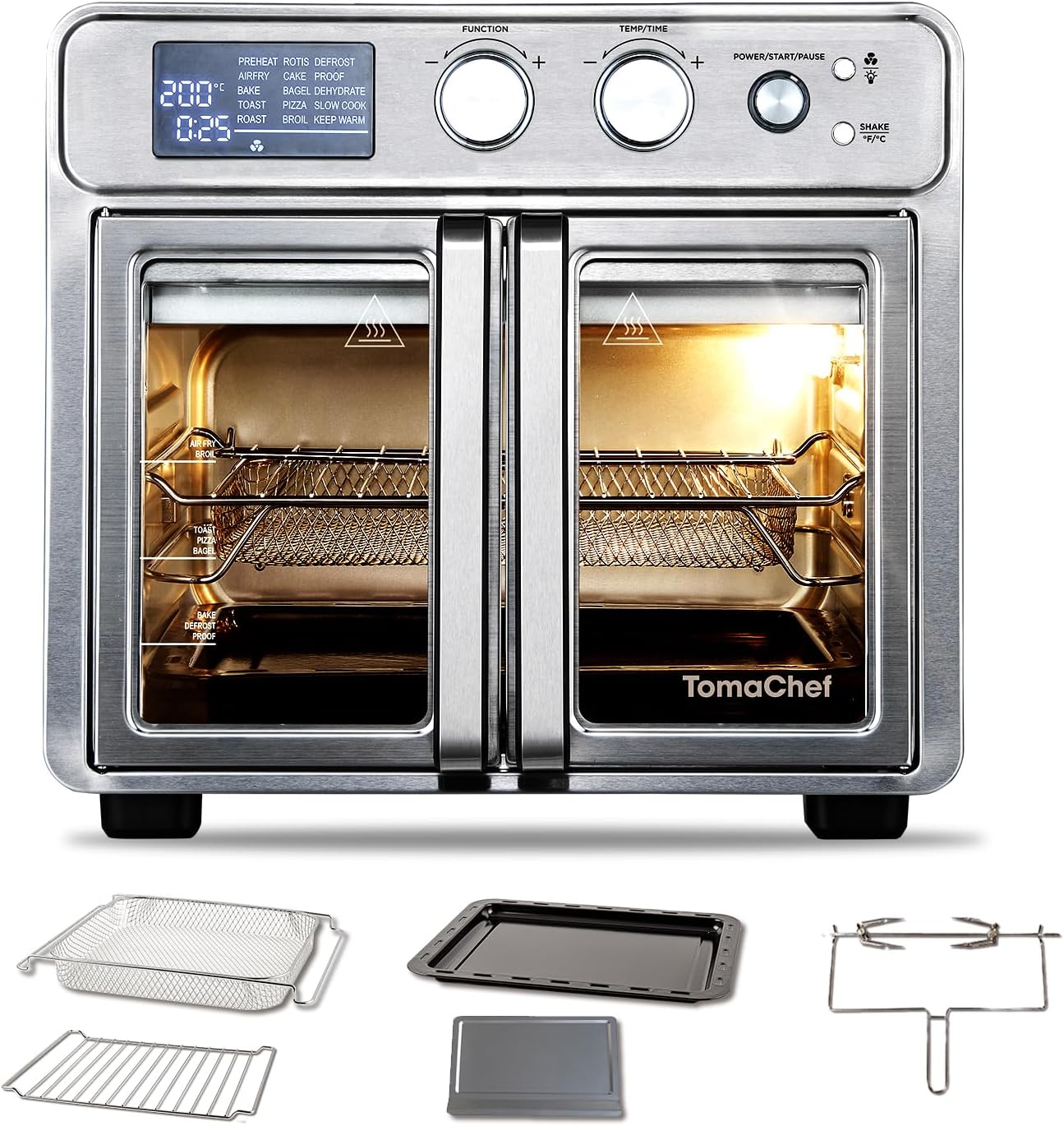 TomaChef 26QT French Door Air Fryer Toaster Oven Combo, 15 Cooking Functions including Rotisserie, and Digital Controls, 30 Recipes & 5 Accessories, Stainless Steel Finish