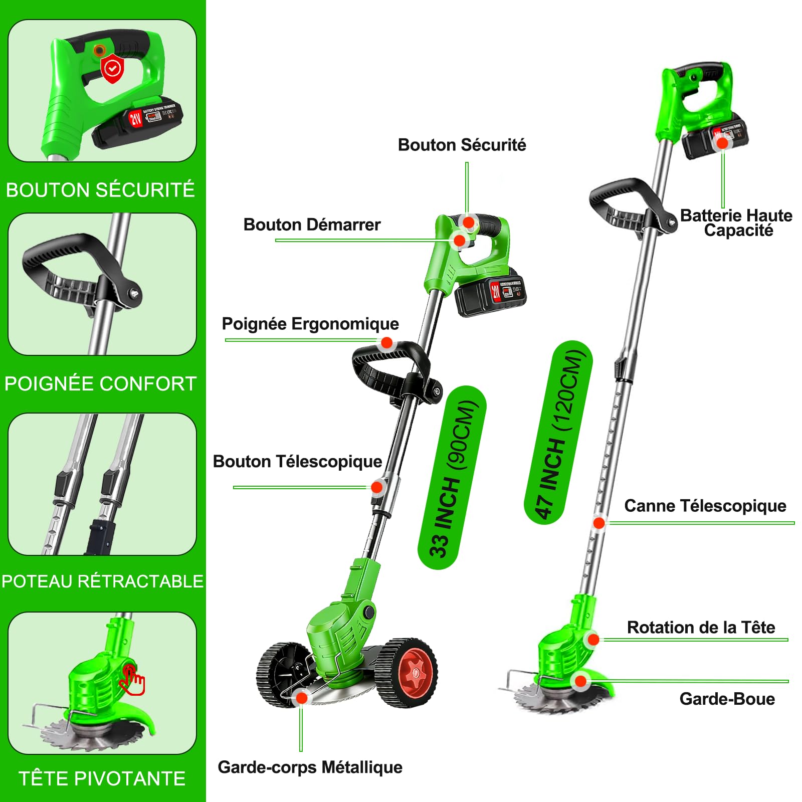 DéBroussailleuse à Batterie Electrique sans Fil 21V 2.0Ah Coupe Bordure avec 2 Batterie et Chargeur de Coupe Bordure avec et Roues Amovibles,Légères et à Faible Bruit,pour Jardin, Pelouse, Ferme
