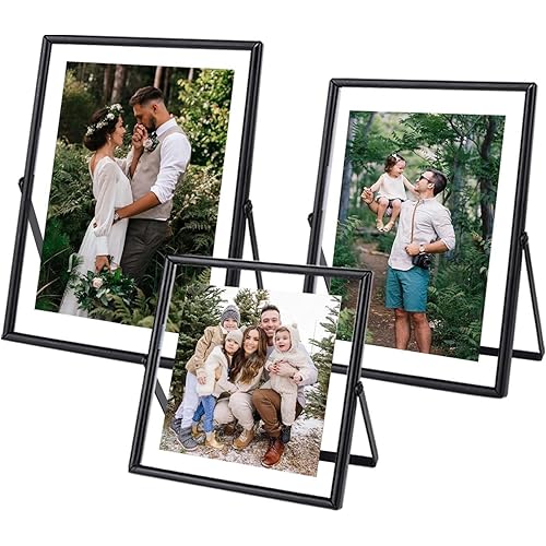 Glass Picture Frame Set of 3, Black Simple Metal Geometric Photo Frame with Glass Cover Includes 5x7, 4x6, 4x4 - Tabletop Floating Picture Frames for Home Decoration, Gift for Father's Day