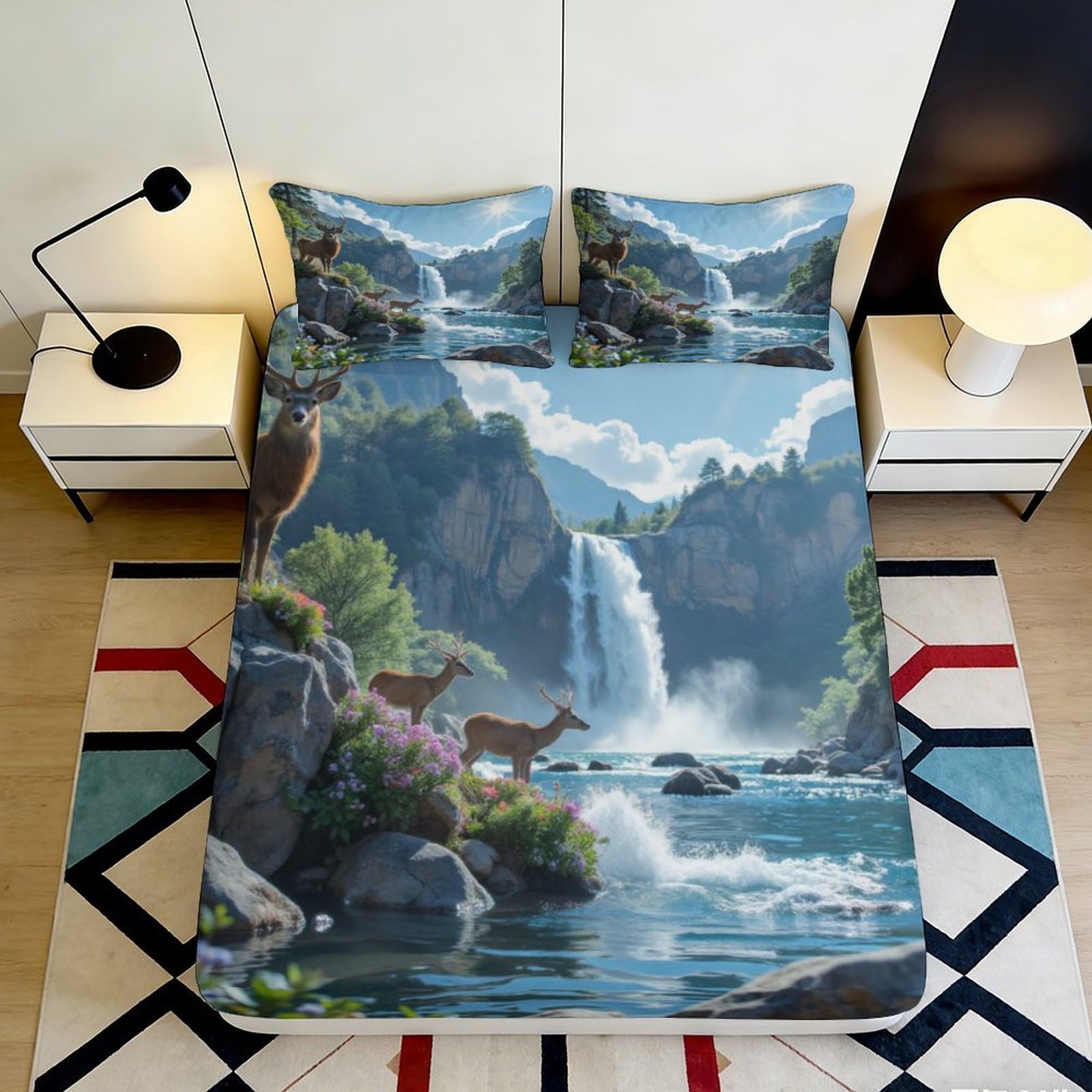 Jqzkxnhpbr Style-7 3D Printed Waterfall Mountain Fitted Sheet Microfiber Nature Landscape Deer Bed Cover For Bedroom Guest Room Decor 90X200x25cm