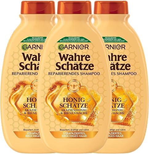 Garnier Wahre Schätze Reparierendes Shampoo Honig Schätze, kräftigt und nährt strapaziertes und brüchiges Haar, 3 x 250 ml