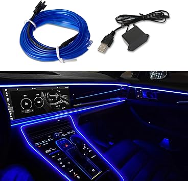 EL Wire Interior Car LED Strip Lights, 16.5FT USB Neon Glowing Strobing El Wire Lights with 6mm Sewing Edge, Ambient Lighting Kits Universal Car Interior Accessories for Most Car Blue