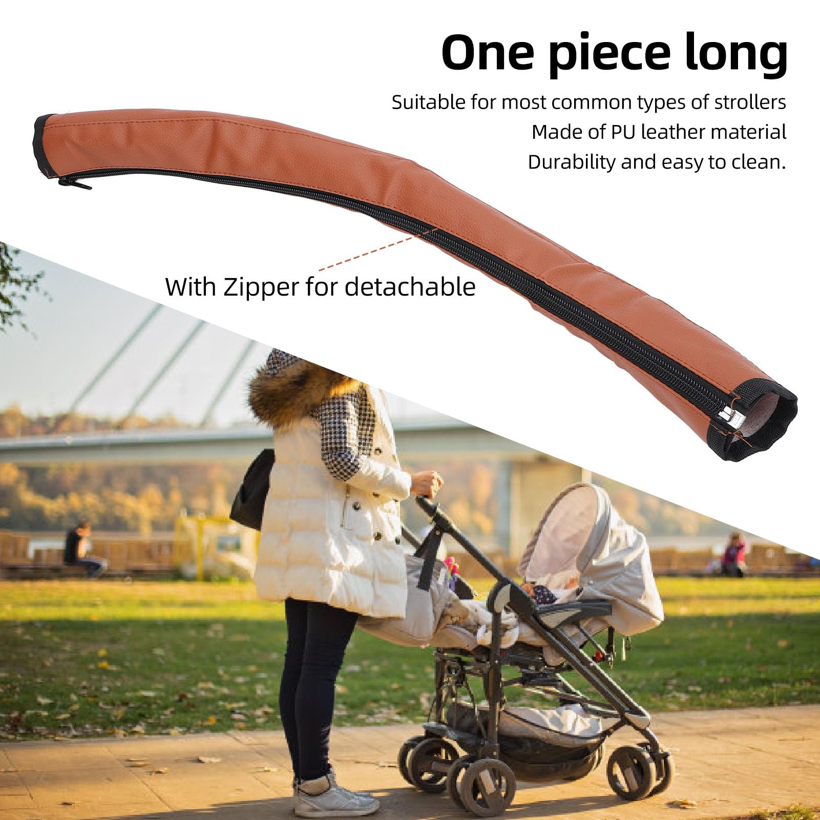 Stroller Handle Armrest Covers, PU Leather, Brown, Washable, 52 x 12cm, 4 Piece Set, Universal Fit - Image 2