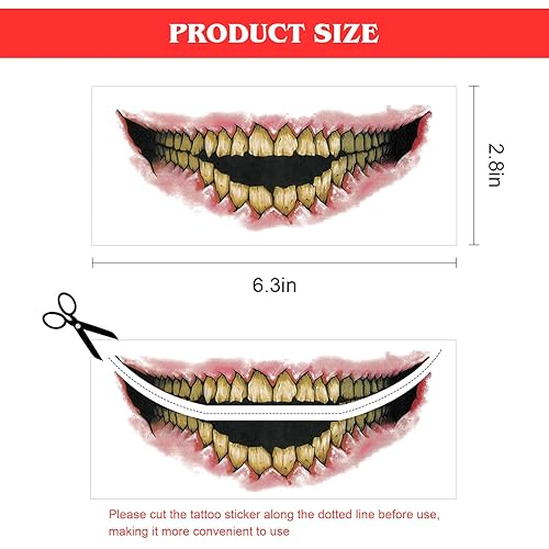 Miniatura 4 de 16 piezas de tatuajes temporales de maquillaje de broma de Halloween para adultos, payaso de terror, boca de terror, calcomanías para Halloween,